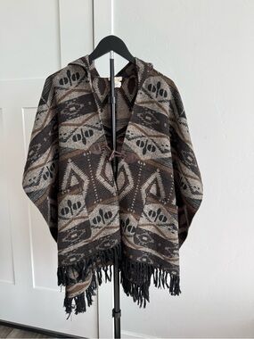Jolt Brown and Black Aztec Hooded Poncho with Fringe